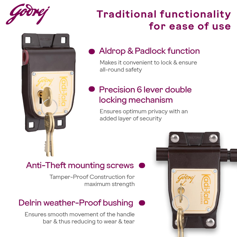 Godrej Locks I Kadi-Tala 6 Lever 275 mm I 3 keys I for Double Door, Fitting outside of door pannel I Aloy steel body double Locking Mechanism for main door I Brown Texture Finish